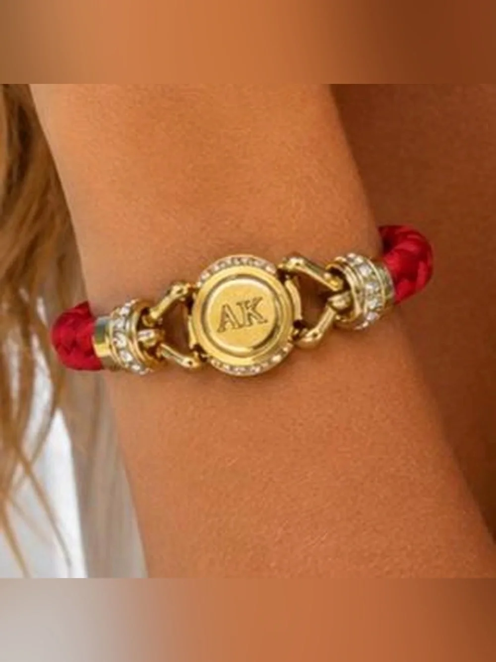 Vintage Anne Klein Signed AK Clamper Bracelet Red Cord Gold Tone Rhinestone